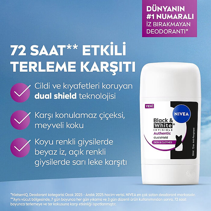 Nivea Black & White Authentic Kadın Deodorant Stick 50 Ml - 3