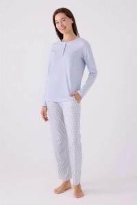 Pierre Cardin 8882-S Kadın Uzun Kollu Pijama Takımı Mavi - Pierre Cardin