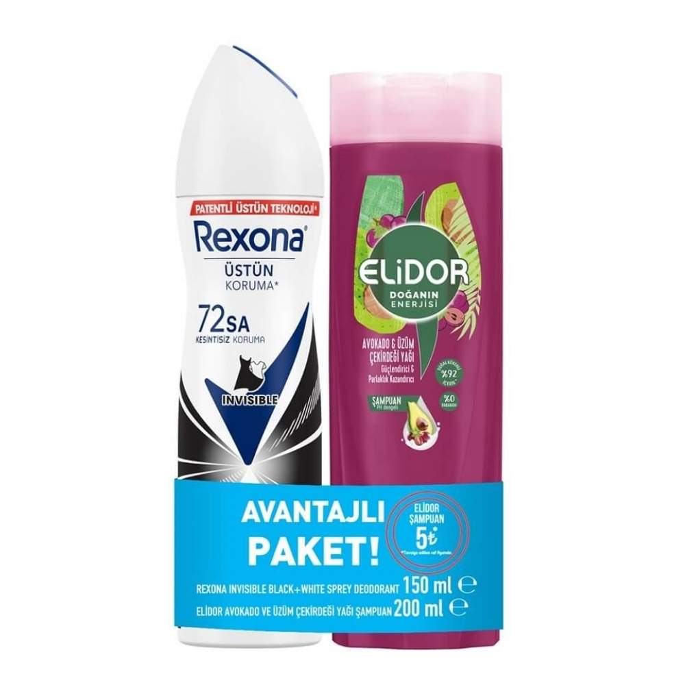 Rexona Invisible Black&White Deo + Elidor Güçlü Saçlar İçin Şampuan 200 Ml Set